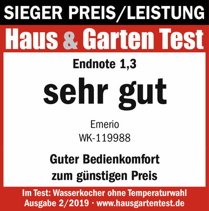 EMERIO Glass Kettle with 1.7 Litre Volume | 2200 Watt | Blue LED Interior Lighting | 360° Base | Winner Price/Performance Home & Garden Test | Best Borosilicate Glass | BPA Free | WK-119988.7
