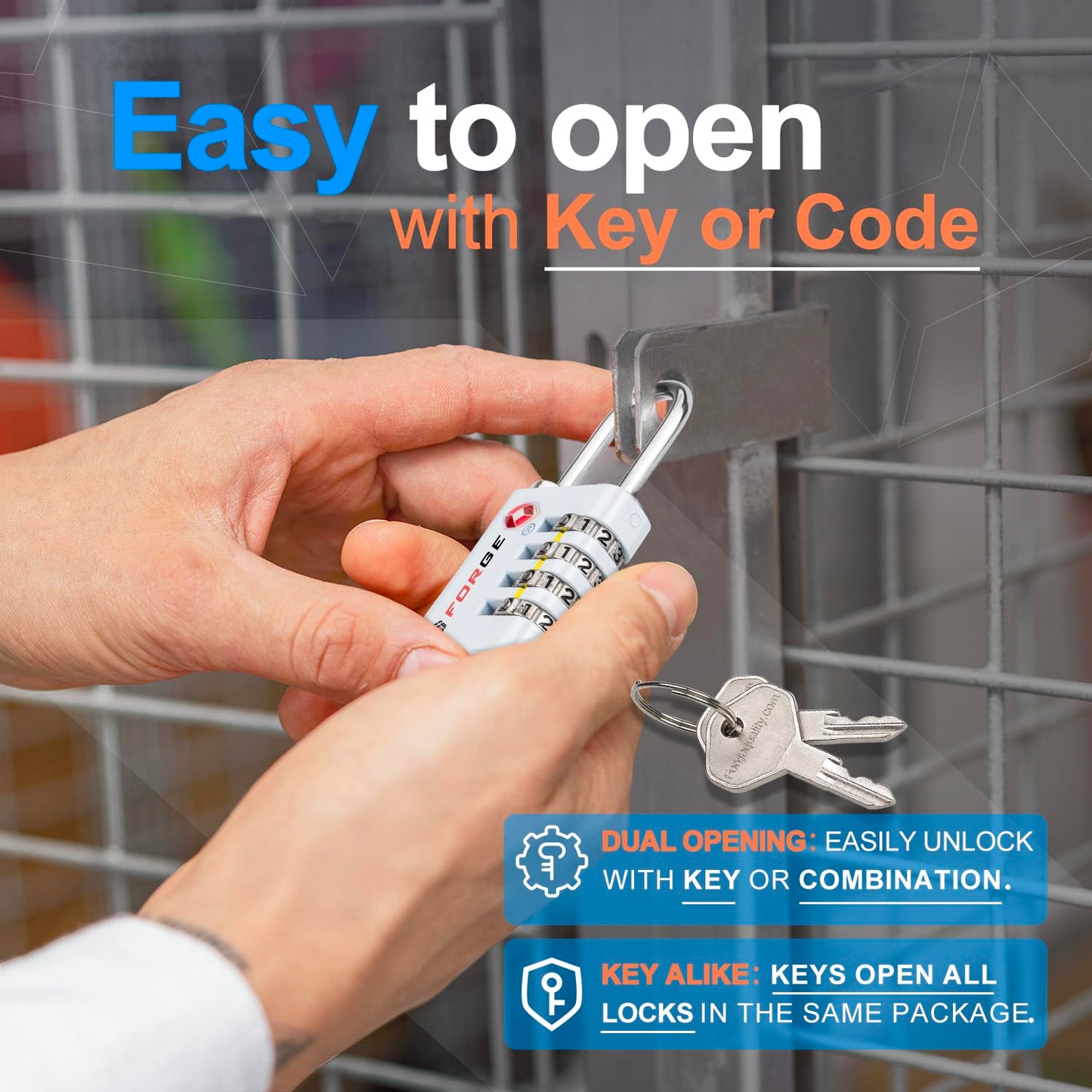 Forge Dual-Opening: Key or Combination Access Lock, TSA Approved Locks for Luggage, Pelican case, Travel, Gym, School, Stainless Steel Shackle. (Multi Color, 4 Pk)