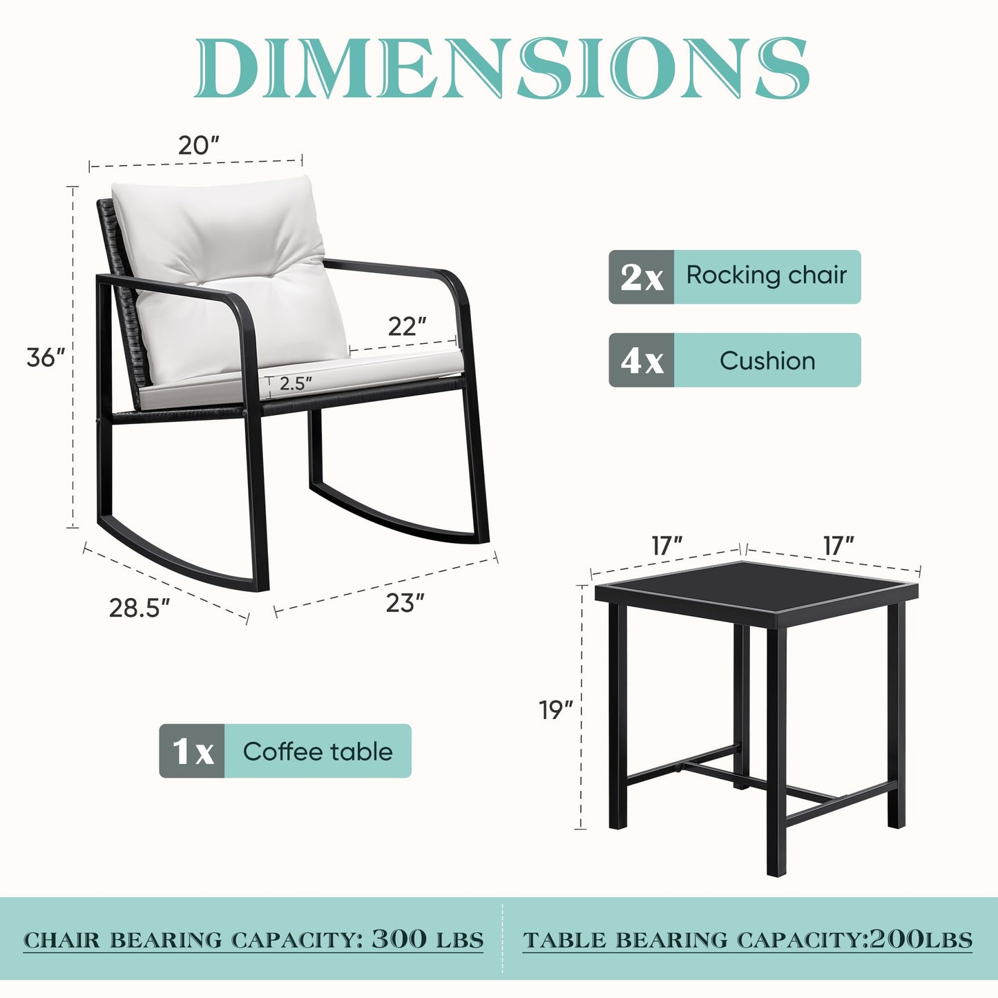 Greesum 3 Pieces Rocking Wicker Bistro Set, Patio Outdoor Furniture Conversation Sets with Porch Chairs and Glass Coffee Table, Beige
