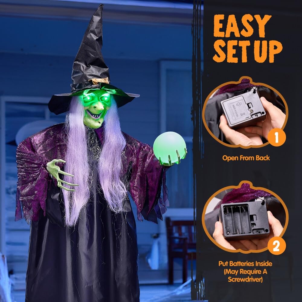 JOYIN 78" Hanging Witch Decor with Magic Ball Halloween Decorations Outdoor, Swing Flying Witch Halloween Porch Decor Party Supplies Sound Activated Light Up Eyes Lawn Yard Garden Door Haunted House