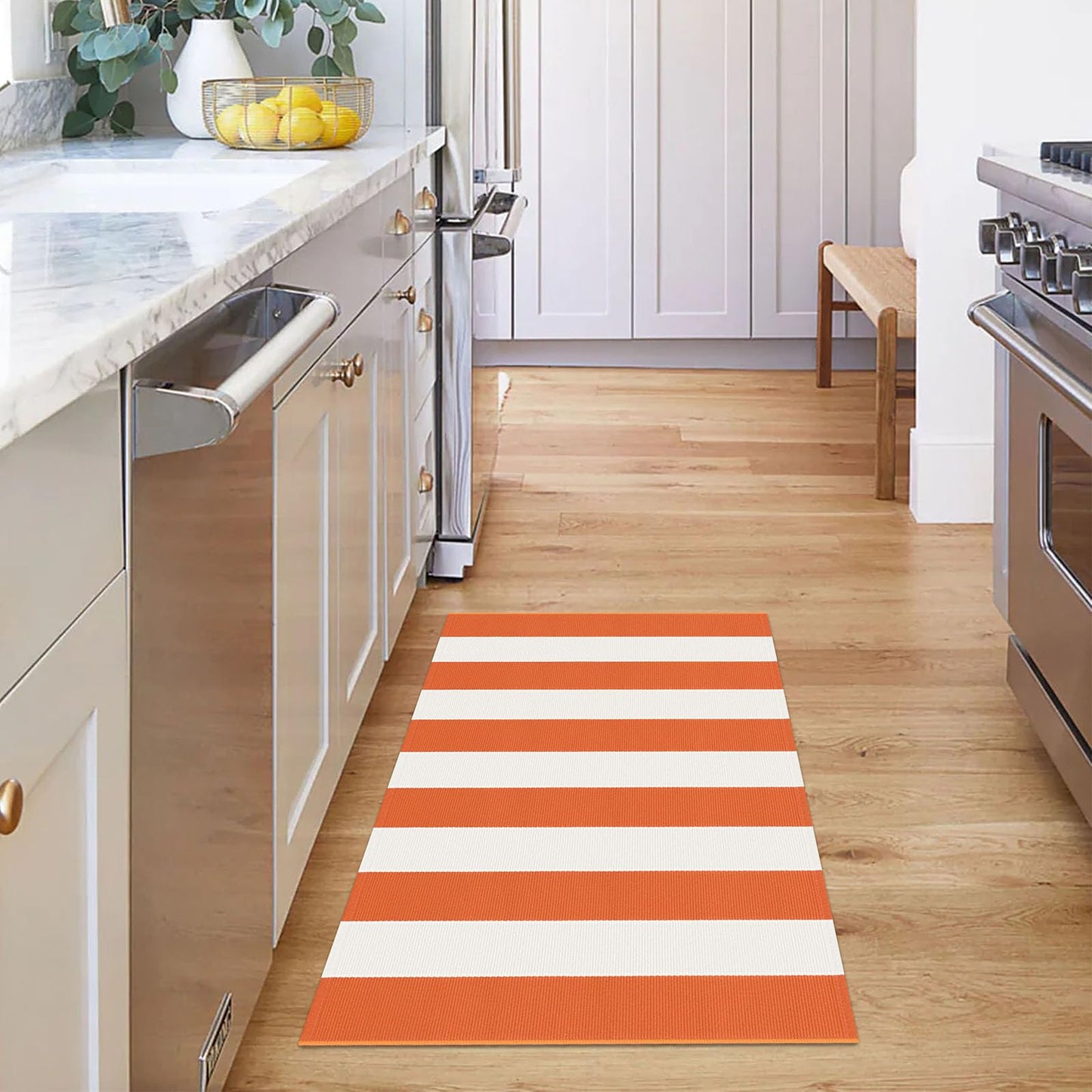 KOZYFLY Striped Rug 27.5x43 Inches Orange and White Halloween Fall Front Door Rug Hand Woven Area Rugs Washable Outdoor Doormats Indoor Entrance Mat for Front Porch Kitchen Entryway Patio Holiday