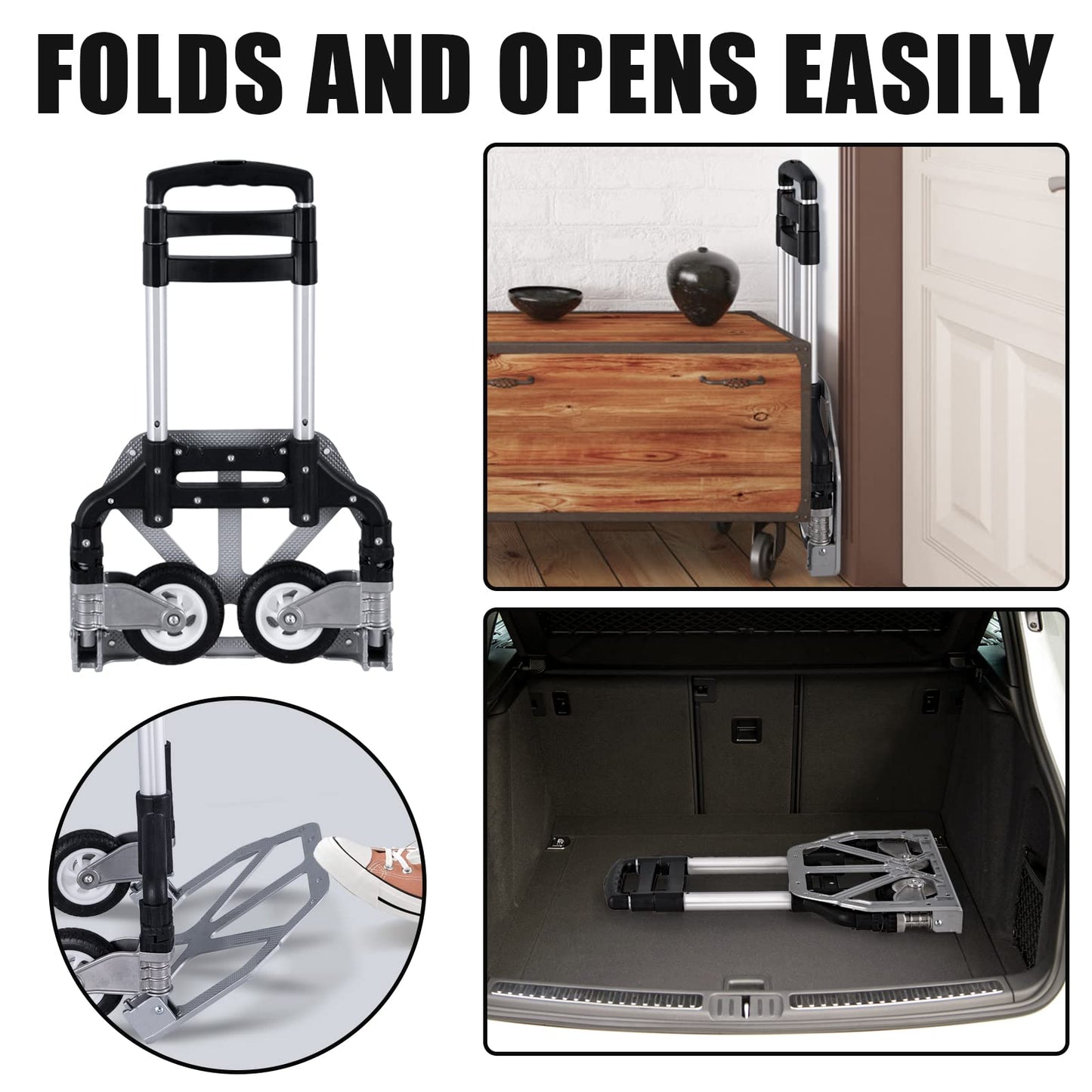 Folding Hand Truck Portable Foldable Dolly Cart Aluminum Luggage Cart Trolley Cart Black MAX Load 180 lbs, with Black Bungee Cord, Telescoping Handle,Solid Aluminium Wheel suspensions, Double Bearings