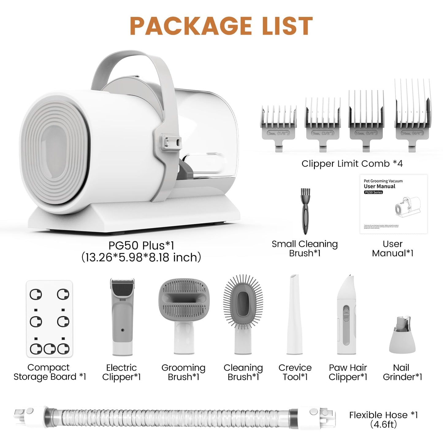 Dog Grooming Vacuum and Kit, Clipper Nail Trimmer Grinder, 2.5L Dust Cup 7 Grooming Tools 11000Pa Pet Vacuum for Shedding Grooming, Dog Hair Vacuum, Home Cleaning, PG50 Plus