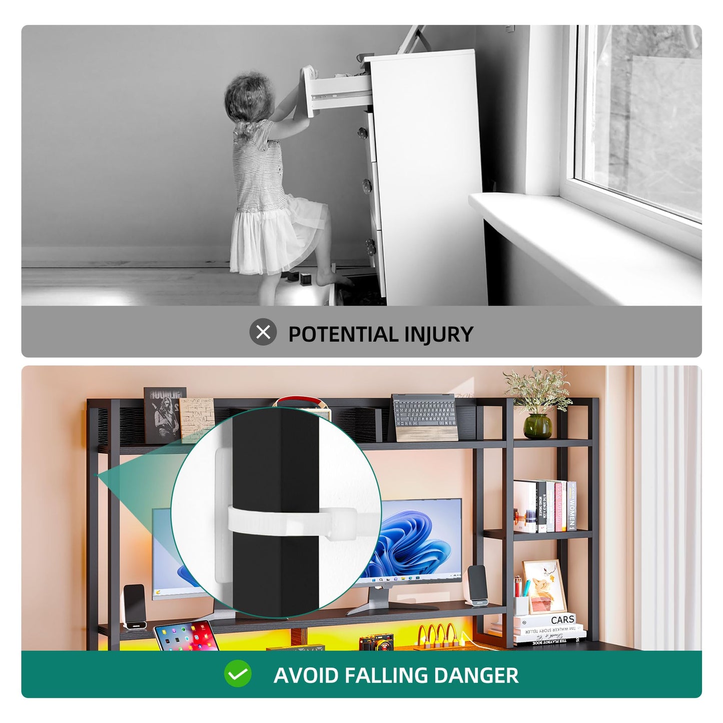 DWVO Computer Desk with Drawers & Hutch, 59.1" Office Desk with Power Outlets & LED Lights, Home Office Desk with Storage Shelves, Black