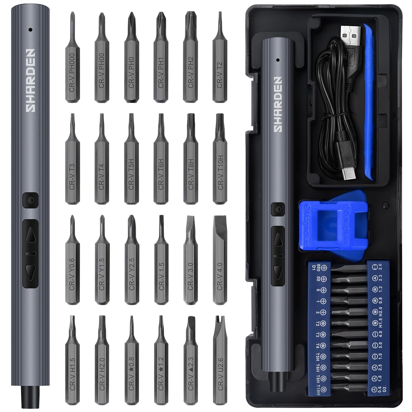 SHARDEN Mini Electric Screwdriver, 29 in 1 Small Electric Screw Driver Kit with 24 Magnetic Bits, Precision Cordless Repair Tool for Phone, Camera, Laptop, Watch