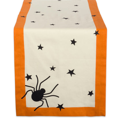 DII Halloween Tabletop Collection Bold Black Stars/Spooky Spider with Orange Border on Off-White Natural Background, Machine Washable, 14x72 Table Runner