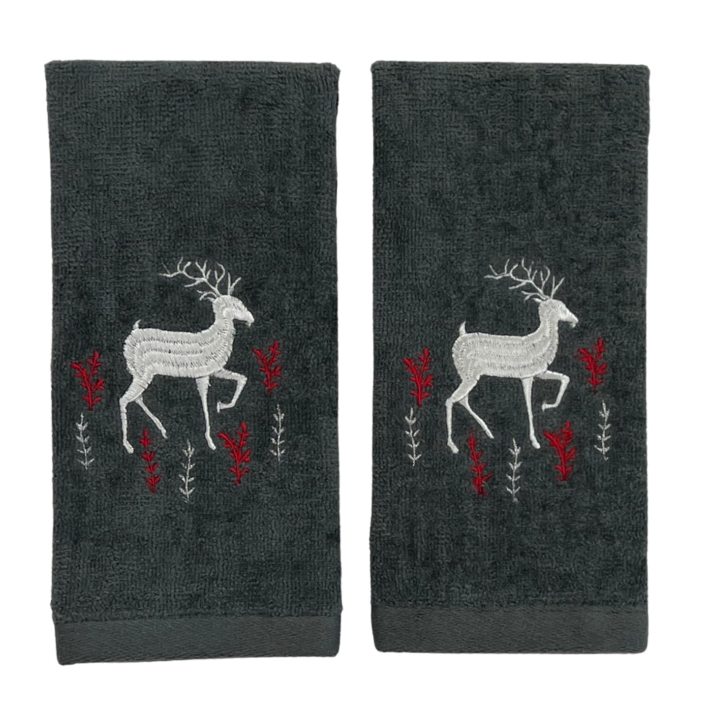 Holiday Christmas Cotton Towels: Noble Reindeer Buck Deer Design, Gray Silver Red White, Set of 2