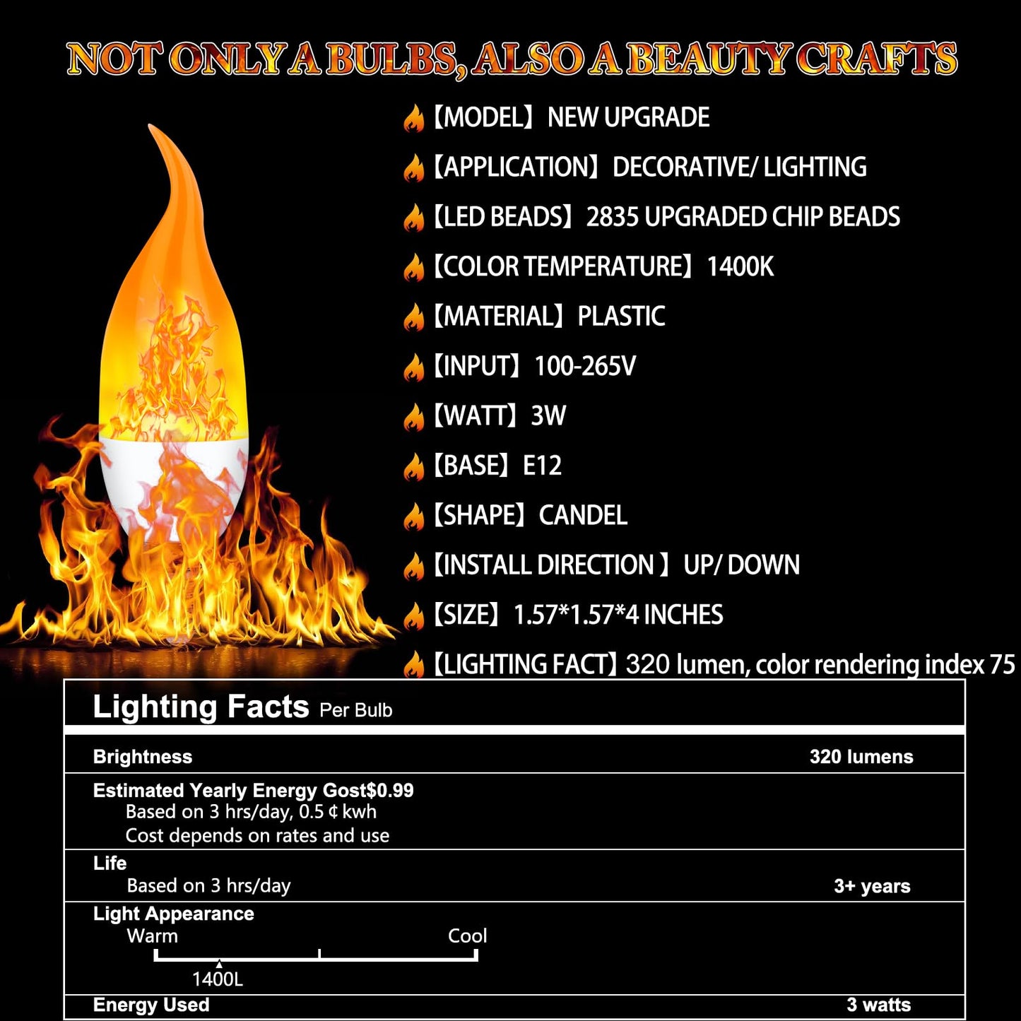 Kestnsee E12 LED Flickering Candelabra Flame Effect Light Bulbs - Upgrade Flicker Candelabra Torch Fire Effect Lights Bulbs for Outdoor Halloween Xmas Holiday Decorations Indoor Lamp (6 Pack)