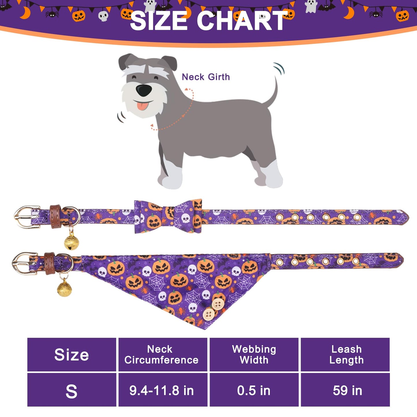 EXPAWLORER Halloween Dog Collar and Leash Set - Dog Bow Tie and Dog Bandana Collar with Bell, Dog Leash Tangle Free, Adjustable Collars for Small Medium Large Dogs Cats, Holiday Ideal Gift for Pets