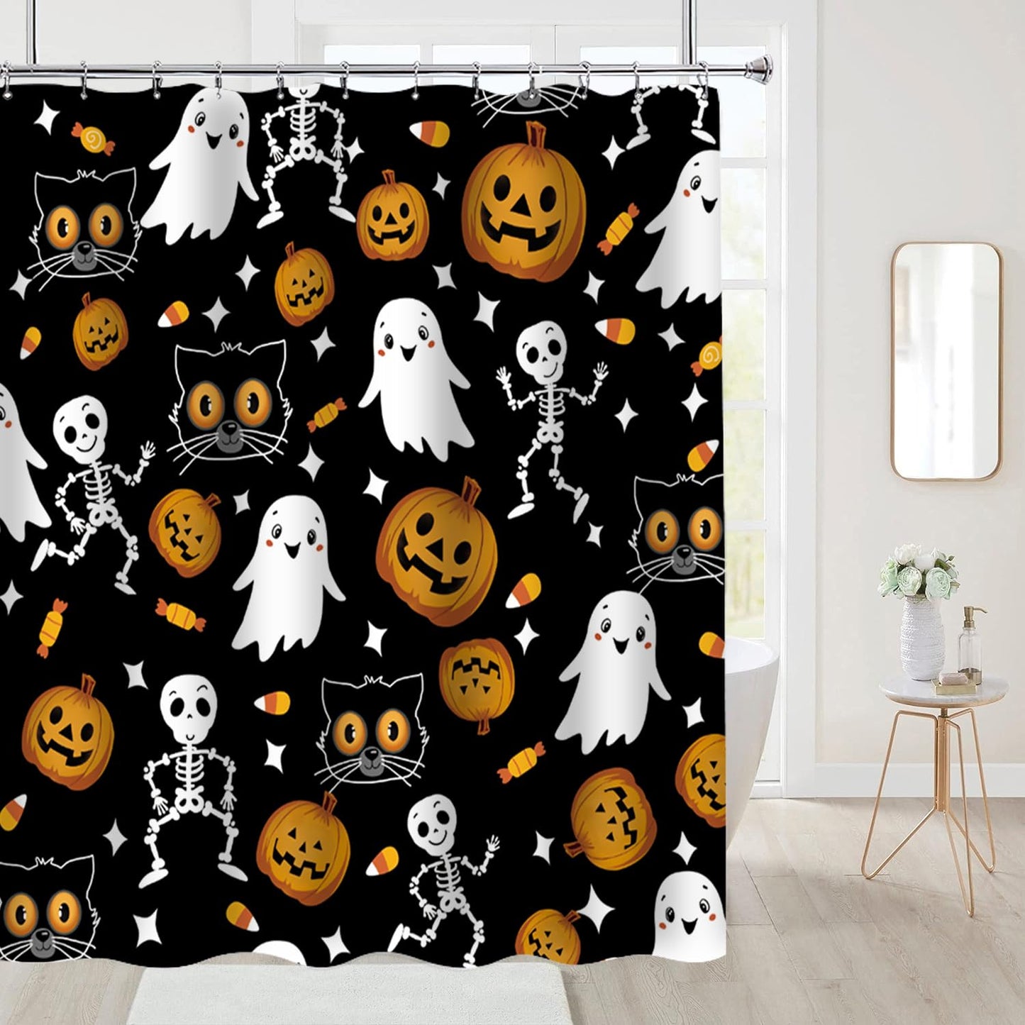 Cnayuep Halloween Shower Curtain, Black Fall Shower Curtains for Bathroom, Horror Skeleton Halloween Curtains Ghost Shower Curtain Set for Bathroom Decor, Waterproof Bathroom Curtain 72"X72"