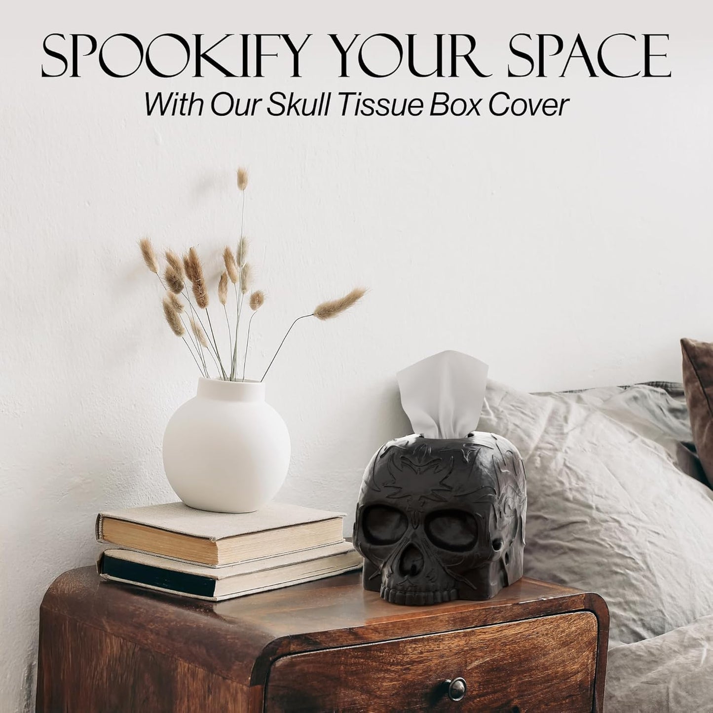 Gothic Skull Tissue Box Cover – Heavyweight Square Tissue Holder – Won’t Move When Pulling a Tissue – Black Home & Bathroom Décor – Home Gift for Women & Men, Goth, Horror, & Halloween Enthusiasts