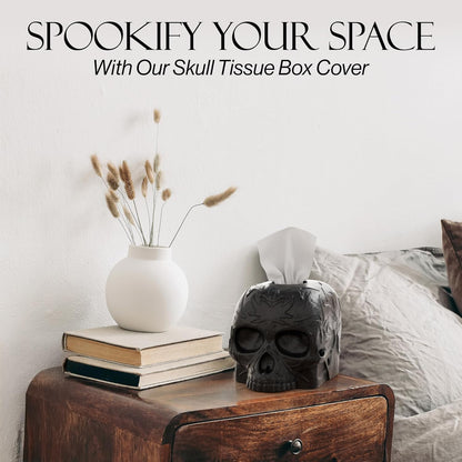 Gothic Skull Tissue Box Cover – Heavyweight Square Tissue Holder – Won’t Move When Pulling a Tissue – Black Home & Bathroom Décor – Home Gift for Women & Men, Goth, Horror, & Halloween Enthusiasts
