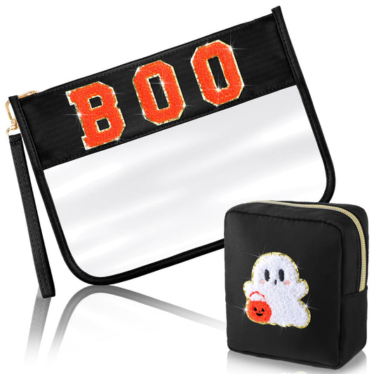 Hillban 2 Pcs Summer Halloween Gifts Chenille Letter Bags Boo Patch Makeup Bag Spooky Pumpkin Flat Clear Pouch PVC Organizer Purse Waterproof Travel Cosmetic Bag Portable Storage Case for Women
