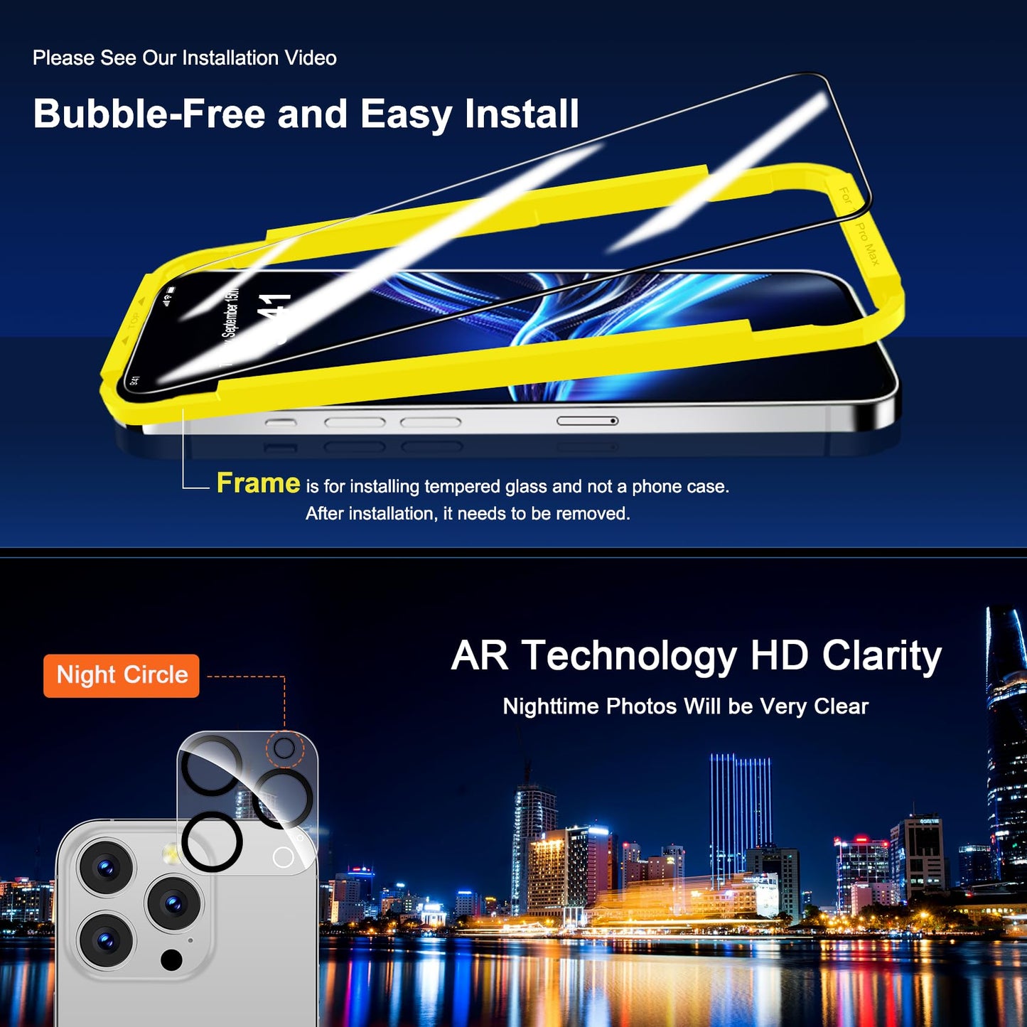 QHOHQ for iPhone 16 Pro Screen Protector with Camera Lens Protector, [Military Grade Shatterproof], Top 9H+ Tempered Glass, Full Edge Coverage, Ultra Durable, with Easy Installation Tool [3+3 Pack]