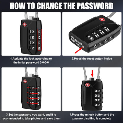 Diyife TSA Luggage Locks, [Upgrade Version][2 Pack] TSA Approved Suitcase Lock 4-Digit Re-settable Combination Lock, Cable Backpack Locks, Code Lock for Travel Suitcase Luggage Bag Lockers (Black)