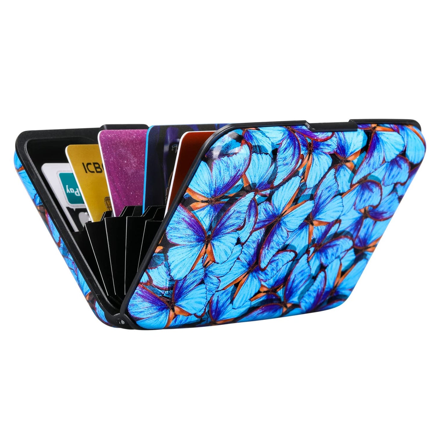 ELFISH RFID Blocking Credit Card Protector Aluminum ID Case Hard Shell Business Card Holders Metal Wallet for Men or Women (Blue Butterfly)