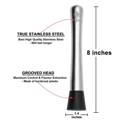 Kitchen Rest Muddler for Cocktails - 8inch Long 1pc 304 Stainless Steel Fruit Crusher - Bar Tools for Home for Making Mojito Mix and Other Fruit Drinks (8 Inch)