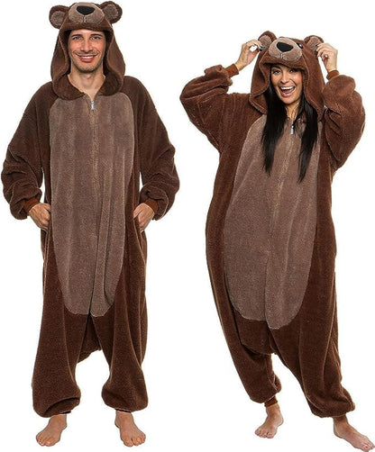 Funziez! Sherpa Bear Adult Onesie - Animal Halloween Costume - Plush Teddy One Piece Cosplay Suit for Adults, Women and Men(Brown, XX-Large)