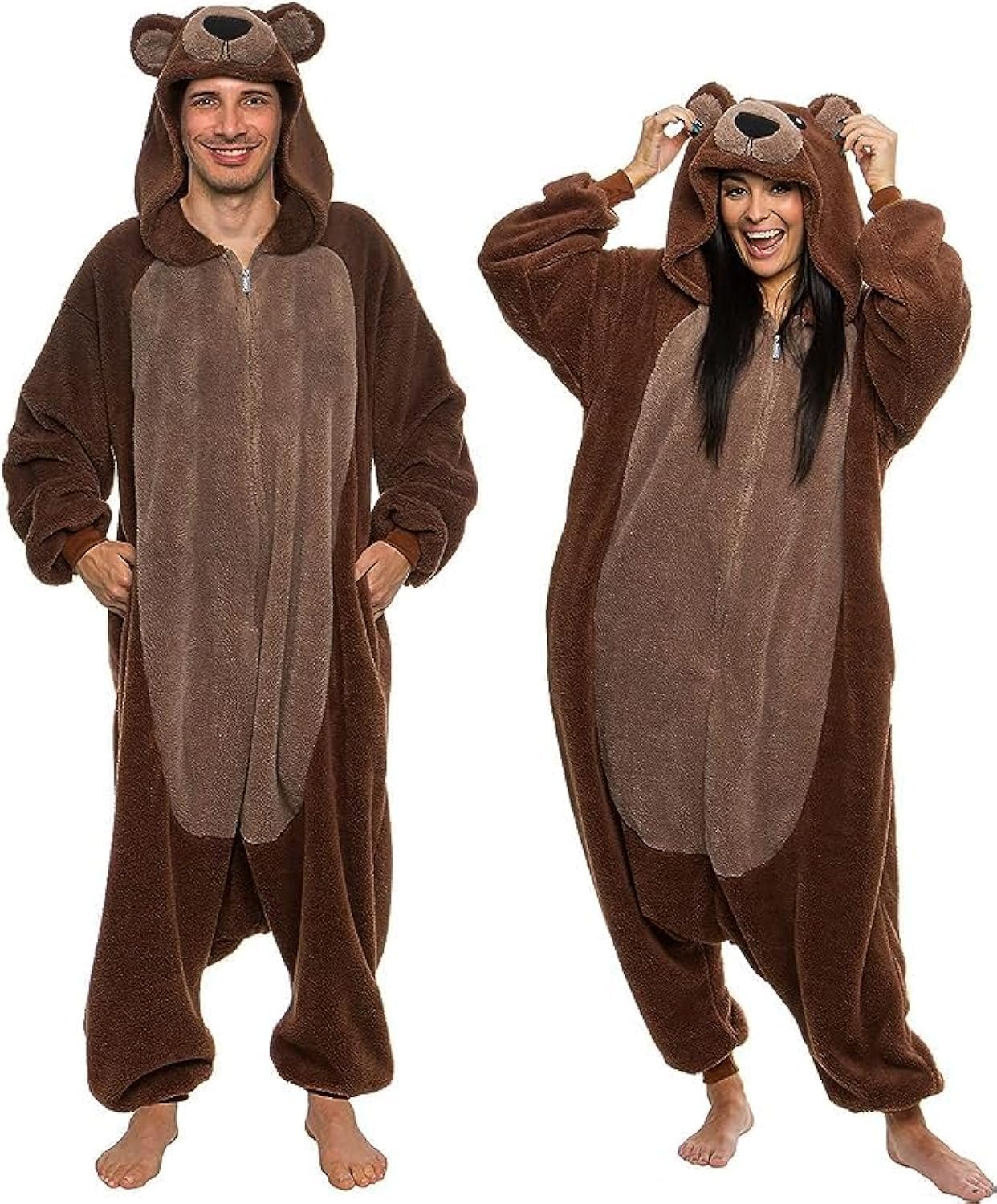 Funziez! Sherpa Bear Adult Onesie - Animal Halloween Costume - Plush Teddy One Piece Cosplay Suit for Adults, Women and Men(Brown, X-Large)