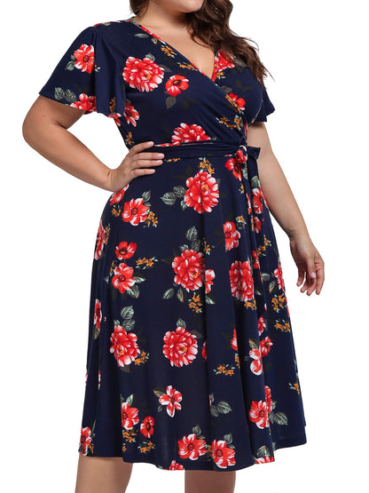 kissmay Plus Size Cocktail Dresses, Plus Size Fit and Flare Dresses for Women Slim Fitting Elasticity Clothing Ruched Flows Sweet Dress for Casual Short-Sleeve 1950s Lavender Dress Navy Red 20W