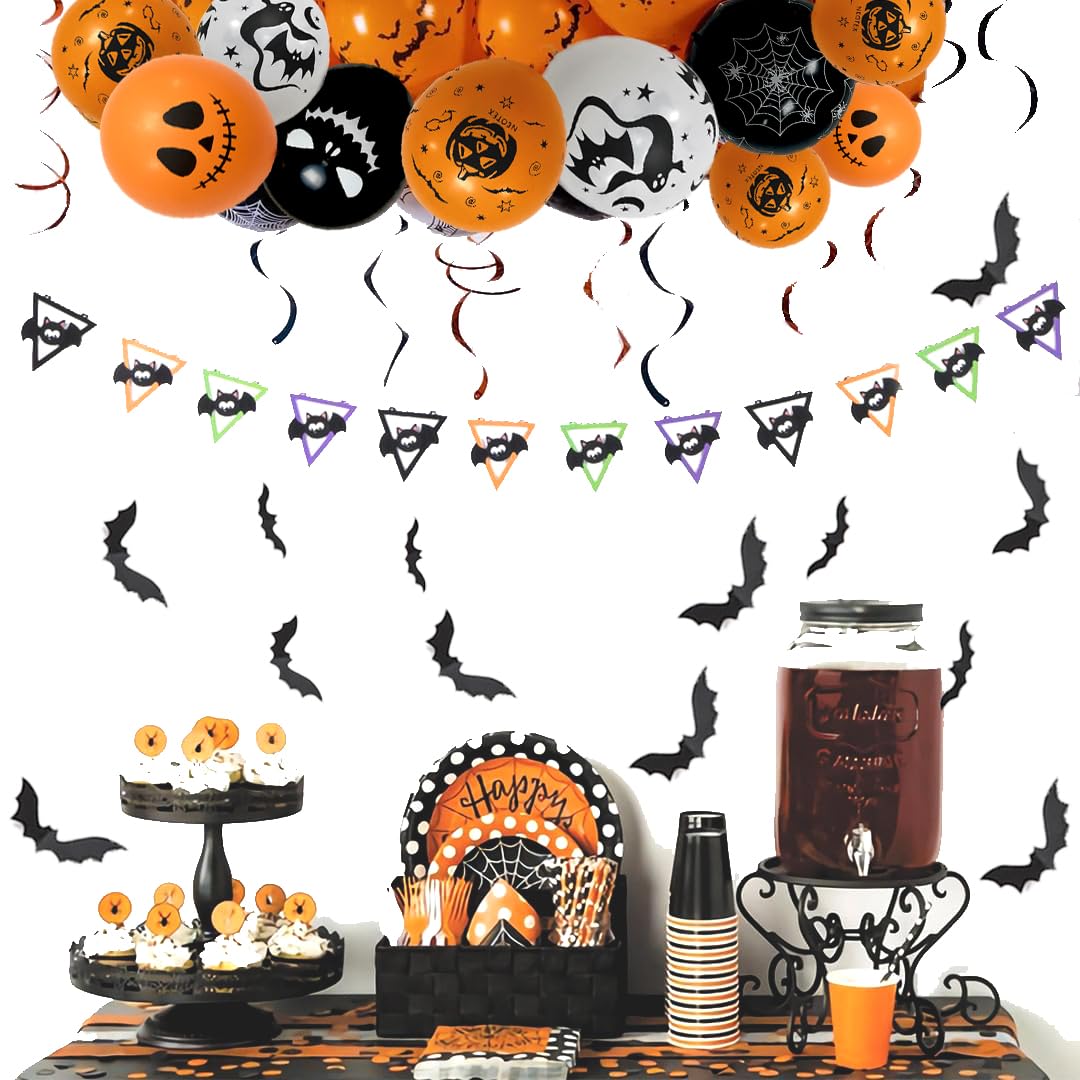 Halloween Decoration Balloons, 50pcs 12 Inch Black Orange White Halloween Balloons Bat Spooky Pumpkin Spider Web Halloween Balloons for Halloween Party Decoration Outdoor Home, Yard Backdrop Party