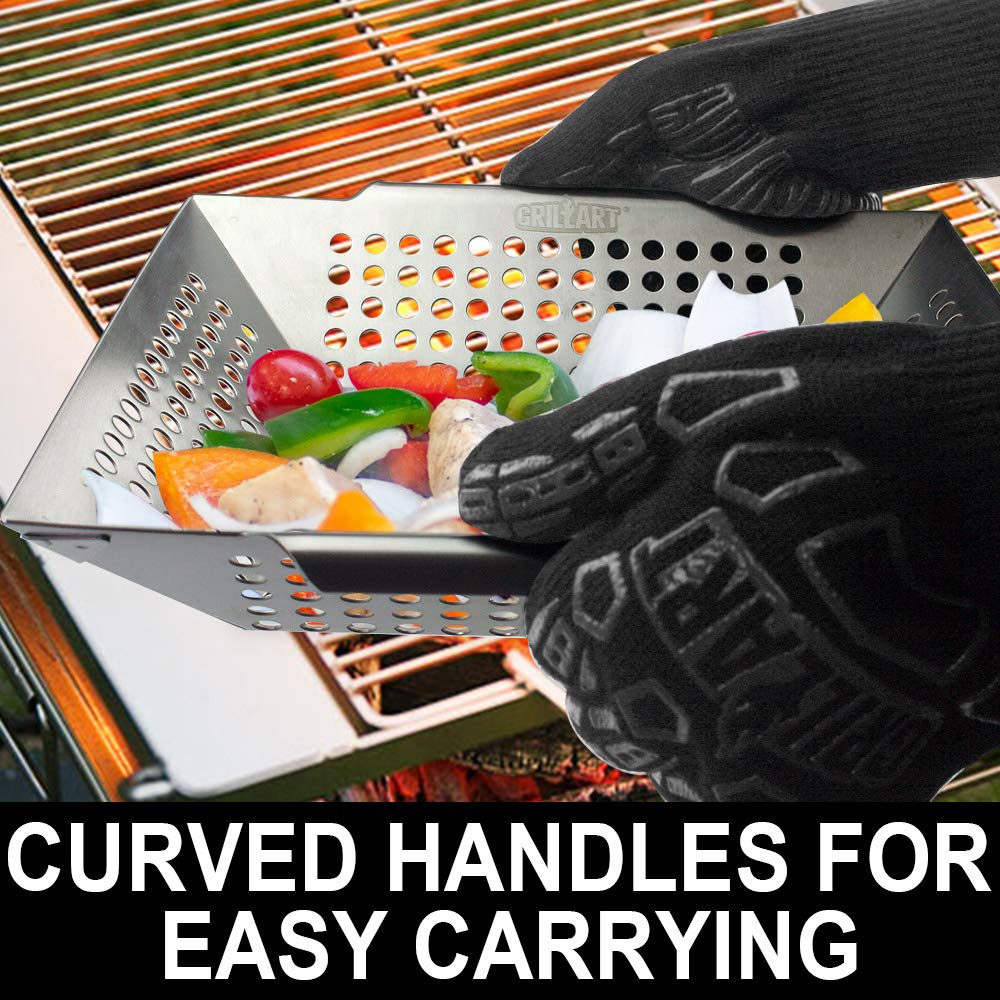 GRILLART Grill Basket Heavy Duty -Large Grill Baskets for Outdoor Grill Vegetables -Stainless Steel Veggie Grilling Basket/Pan - Lasting Grill Vegetable Basket BBQ Grill Accessories, Gifts for Dad Men