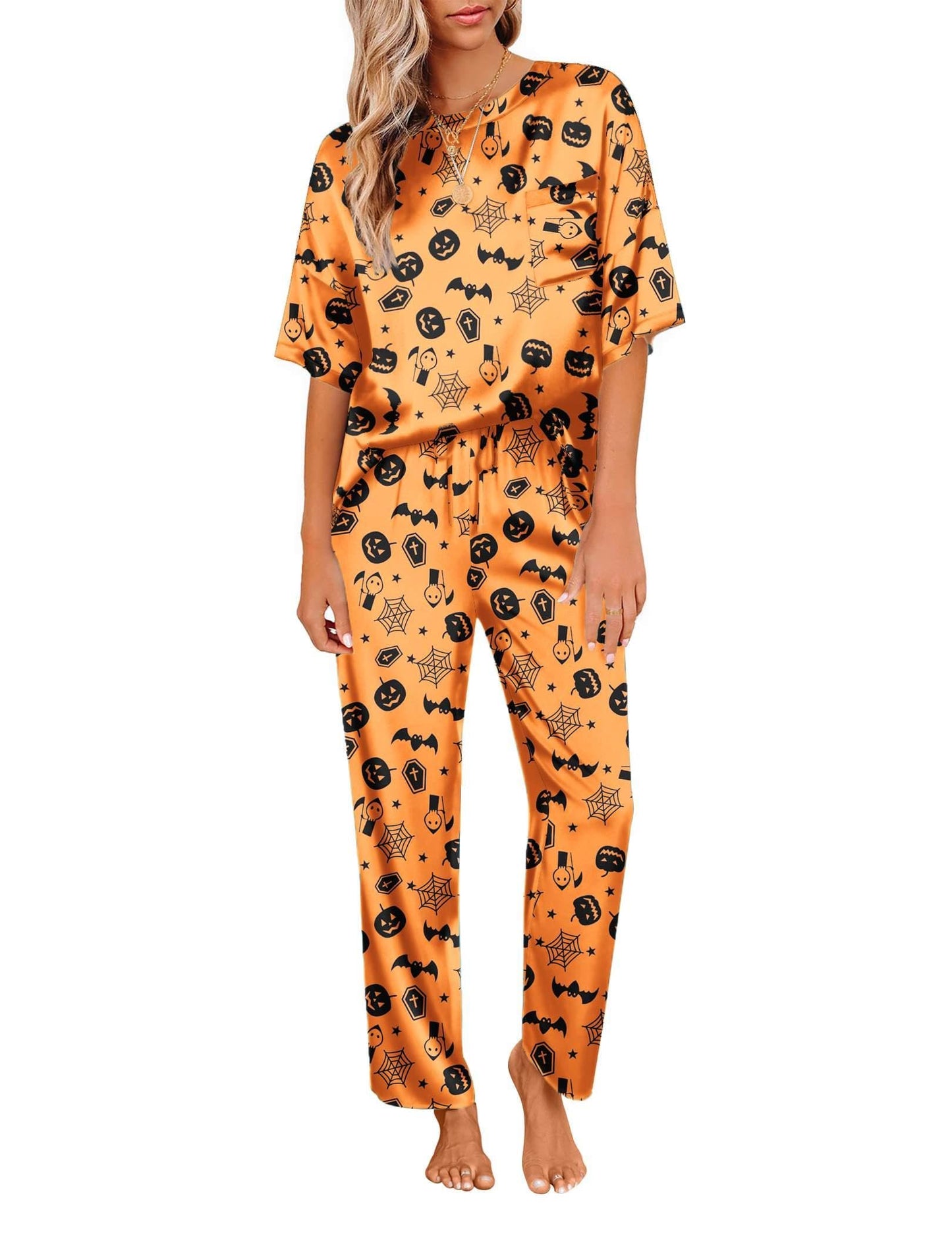 Ekouaer Womens Satin Silky Pajama Set Short Sleeve Shirt with Long Pajama Pant Set Soft PJ Loungewear