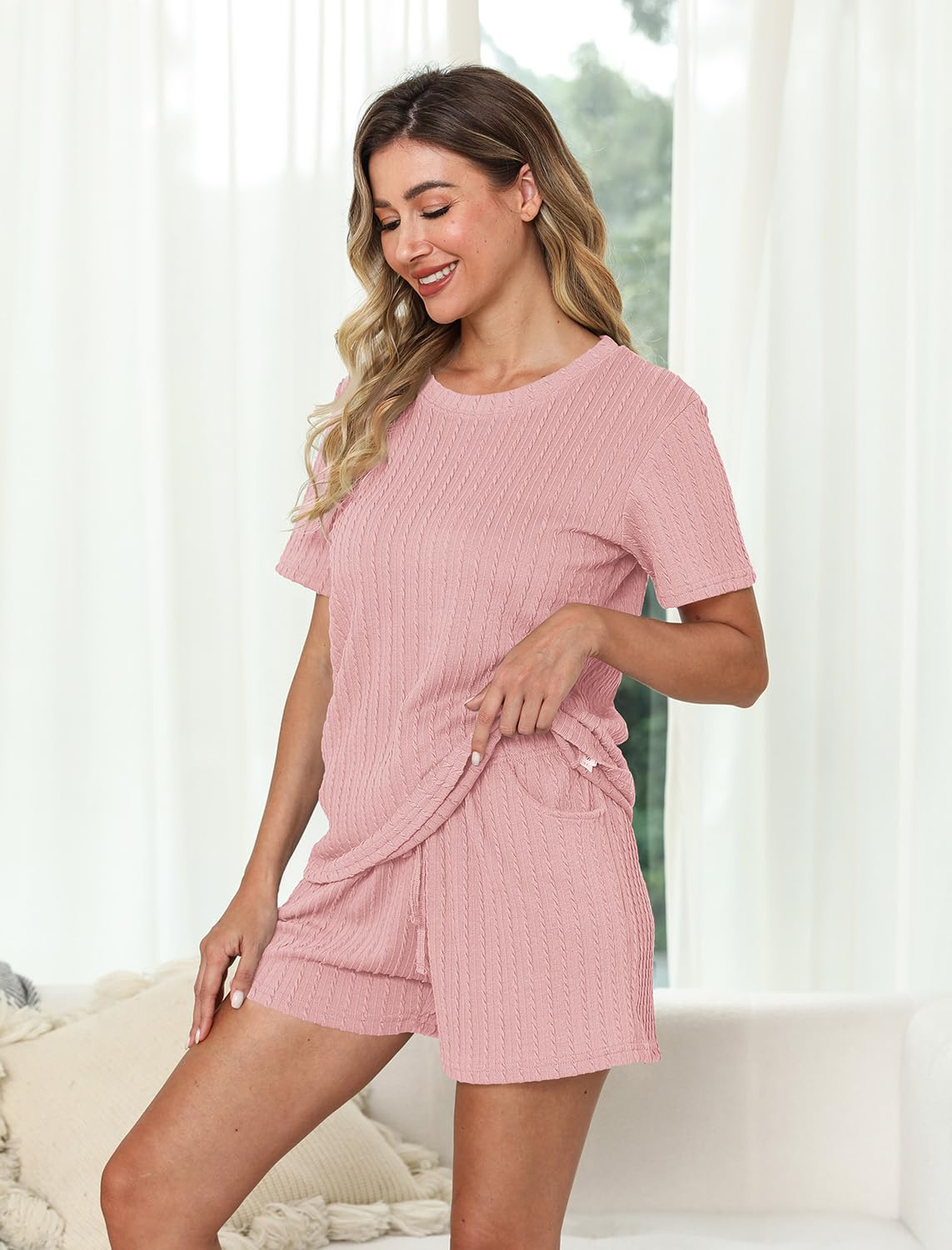 EISHOPEER Knit Matching Pajamas Sets Couple Drawstring Nightwear Short Sleeve Sleepwear 2 Pieces Loungewear with Shorts Pink Large