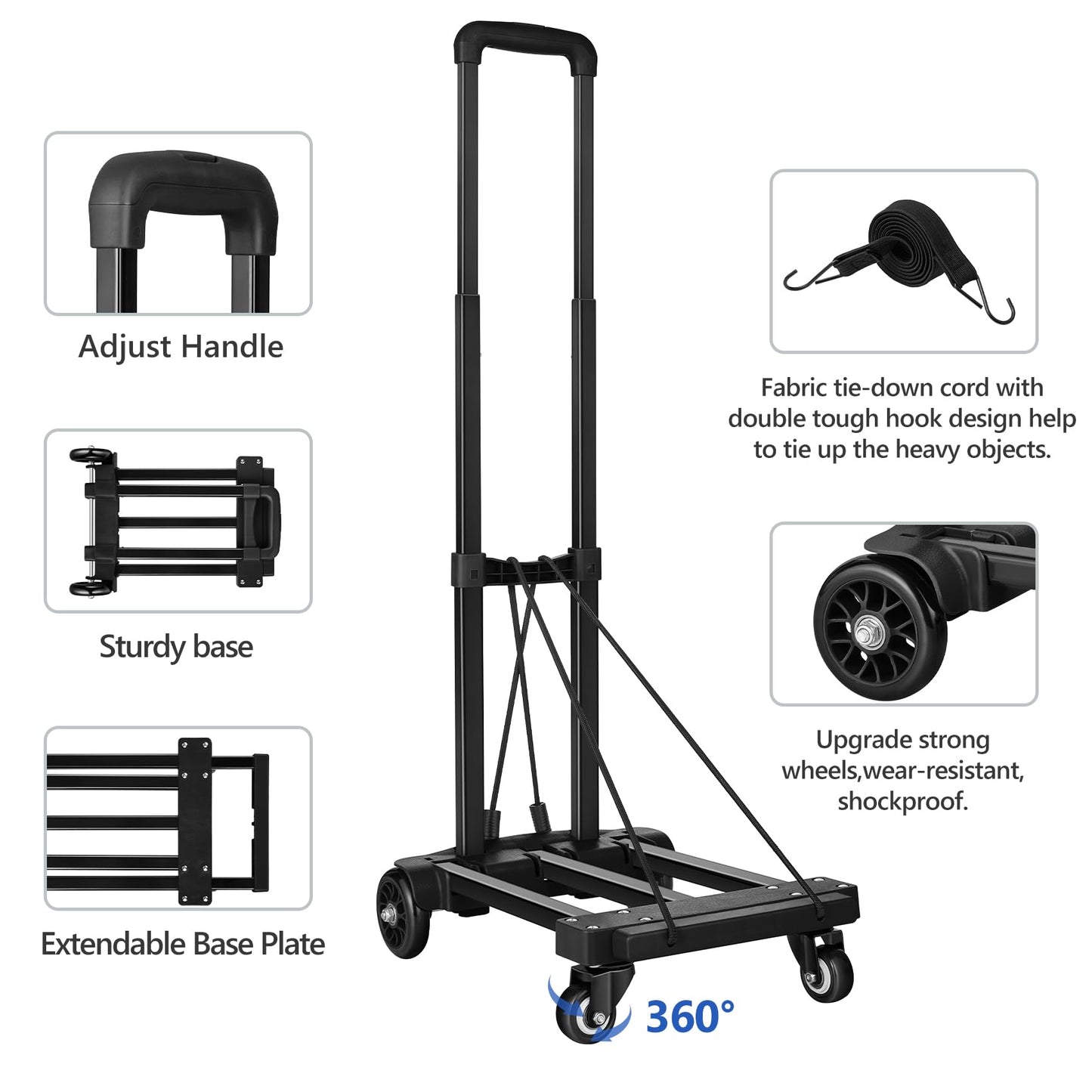 KEDSUM Folding Hand Truck with 4 Wheels, Lightweight Dolly Cart with Wheels Foldable, Expandable Baseplate Utility Luggage Cart Compact for Travel, Moving and Office Use, Easy to Store