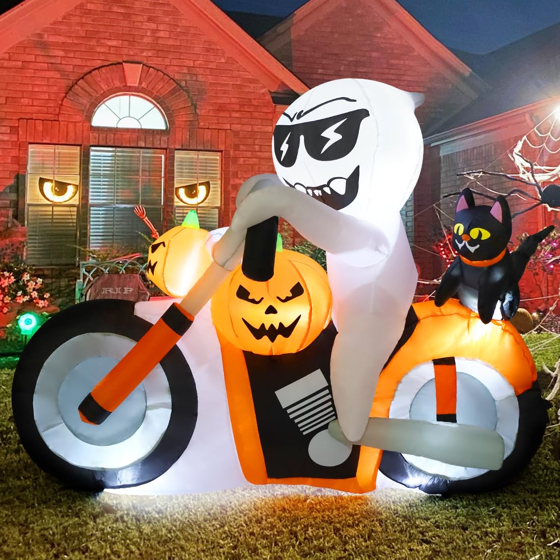 COMIN 6 FT Halloween Inflatables Ghost Outdoor Decorations Blow Up Yard Pumpkin Cat Motorcycle with Built-in LEDs for Indoor Party Garden Lawn Decor