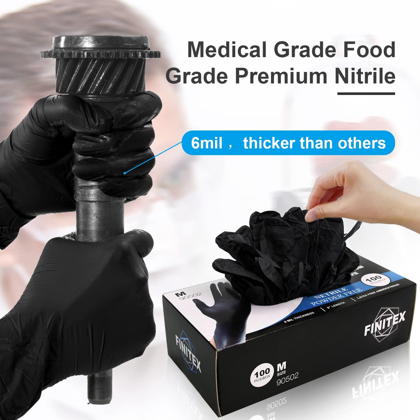 FINITEX Black Nitrile Disposable Medical Exam Gloves - Box of 100 PCS 6mil Powder-Free Latex-Free For Examination Home Cleaning Food Glove (Medium)