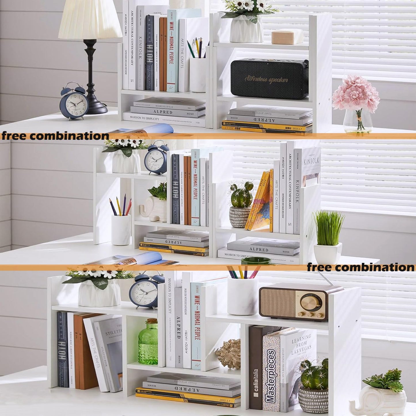 Meikuler Desktop Shelf Organizer, Adjustable Wood Display Desk Shelf, Office Storage Rack Tabletop Bookshelf Multipurpose Shelves for Home Decor, Office, Gifts (Solid White)