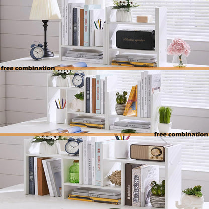 Meikuler Desktop Shelf Organizer, Adjustable Wood Display Desk Shelf, Office Storage Rack Tabletop Bookshelf Multipurpose Shelves for Home Decor, Office, Gifts (Solid White)