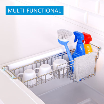 FavoThings Over The Kitchen Sink Caddy Sponge Holder Organizer Drying Rack Expandable for Sponge Brush Soap Dish Cloth Rag, Stainless Steel (12.25" to 17.25")