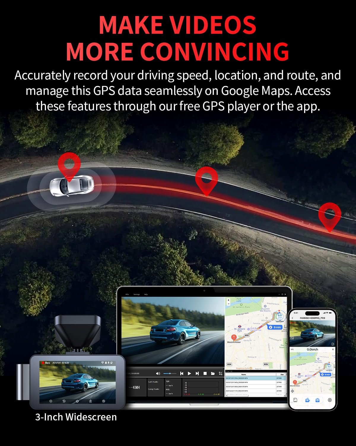 Gleetour Dash Cam Front and Rear, 4K Full HD Dual Dash Camera for Cars, Built-in Memory Card Monitoring, 64GB Card, 5G WiFi GPS, Car Camera with 3" IPS Screen, 2160P Night Vision, Parking Monitor