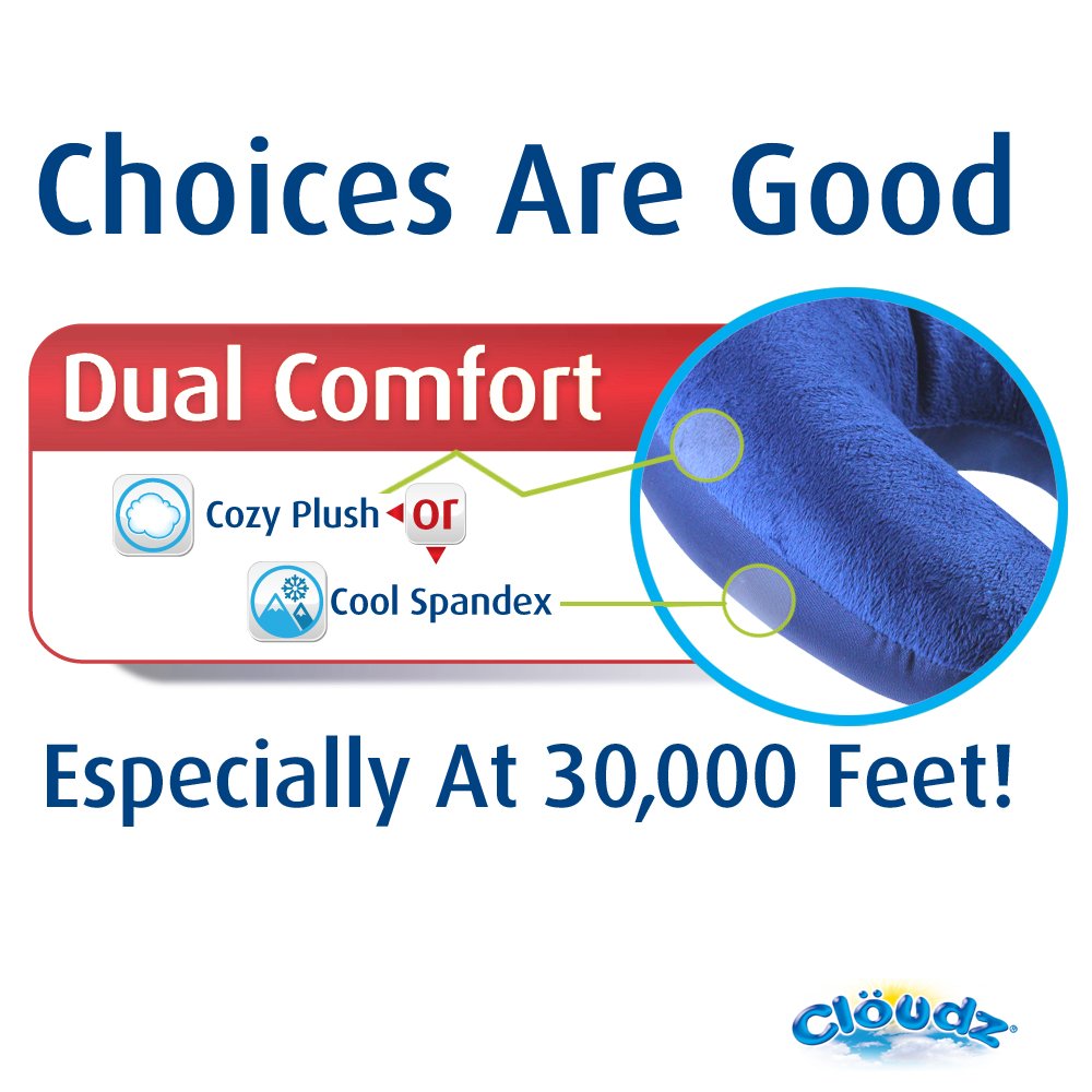 Cloudz Dual Comfort Microbead Airplane Travel Neck Pillow. Super Soft Cozy Plush Fabric on One Side, Cool Relaxing Spandex on The Other! Customize Your Comfort and Support at Home or On The Go!- Blue