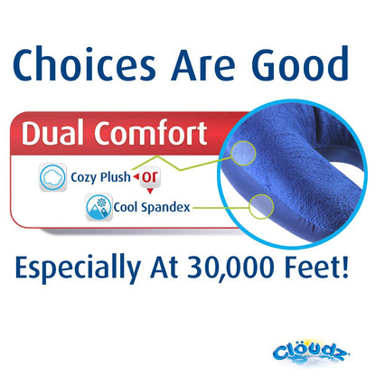 Cloudz Dual Comfort Microbead Airplane Travel Neck Pillow. Super Soft Cozy Plush Fabric on One Side, Cool Relaxing Spandex on The Other! Customize Your Comfort and Support at Home or On The Go!- Blue