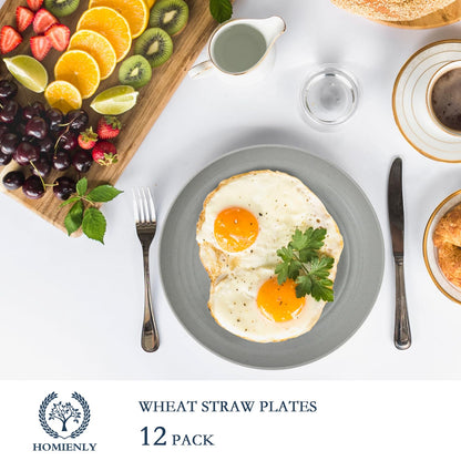 Homienly Deep Dinnerware Set of 12 - Alternative to Plastic, Microwave & Dishwasher Safe Wheat Straw Plates for Kitchen - Unbreakable Kids Plates (Grey, 10 inch)