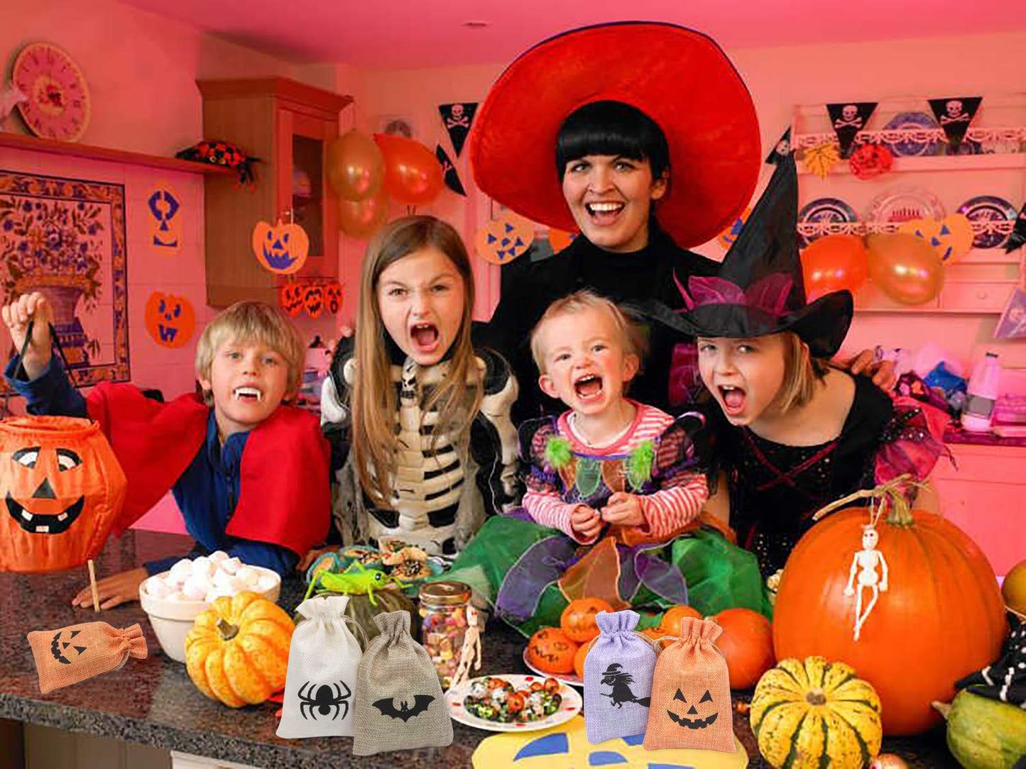 DECORA Halloween Burlap Gift Bags with Double Jute Drawstrings Candy Pouch Halloween Treat Bags with Different Designs Pack of 50