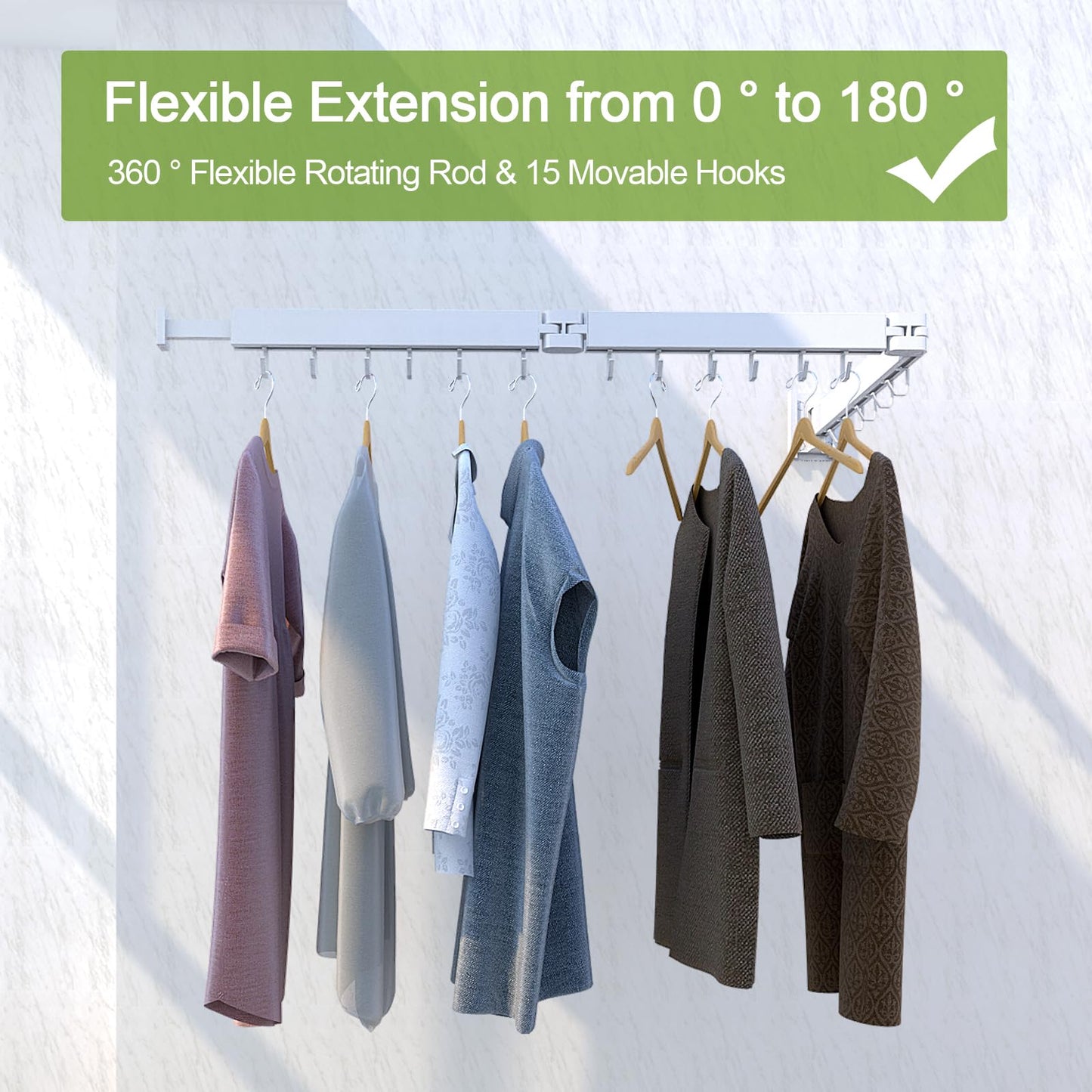 Kelisiting Retractable Clothes Drying Rack,3 Fold White Laundry Drying Rack,Wall Mounted Clothes Hanger,Space Saver,Foldable Durable,for Balcony,Laundry,Bathroom,Patio,Apartment,Dormitory