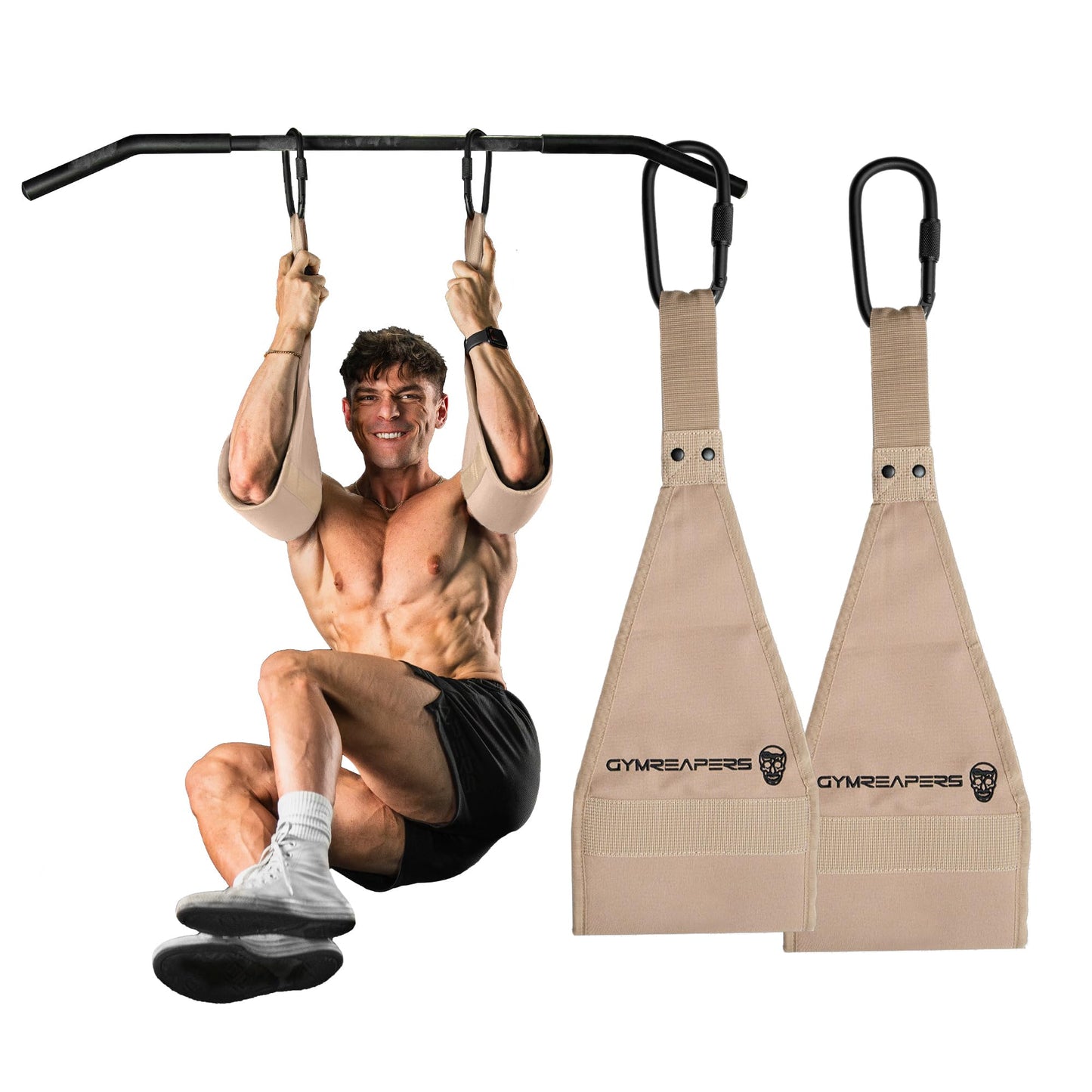Gymreapers Hanging Ab Straps For Core Strength and Abdominal Training - Padded Adjustable Arm Supports For Bodyweight Exercises (Tan)