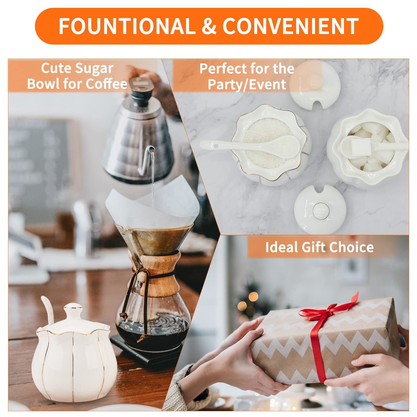 Kitchenexus Porcelain Sugar Bowl with Lid and Spoon 9.17oz/260ml Ceramic Sugar Bowl Sugar Container for Home Kitchen in Golden Edge Pumpkin Design