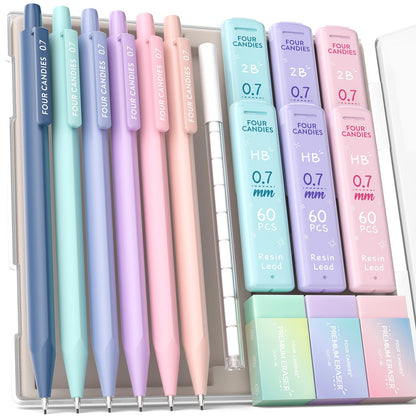 Four Candies Mechanical Pencils 0.7mm, with HB & 2B Lead Refills 0.7, Pastel Eraser Set & Eraser Refills, 16-Count Pack with Case, Cute Aesthetic School Supplies for Writing, Drawing and Sketching