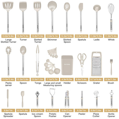 Kitchen Utensil Set-Silicone Cooking Utensils-33 Kitchen Gadgets & Spoons for Nonstick Cookware-Silicone and Stainless Steel Spatula Set-Best Kitchen Tools, Useful Pots (Khaki)