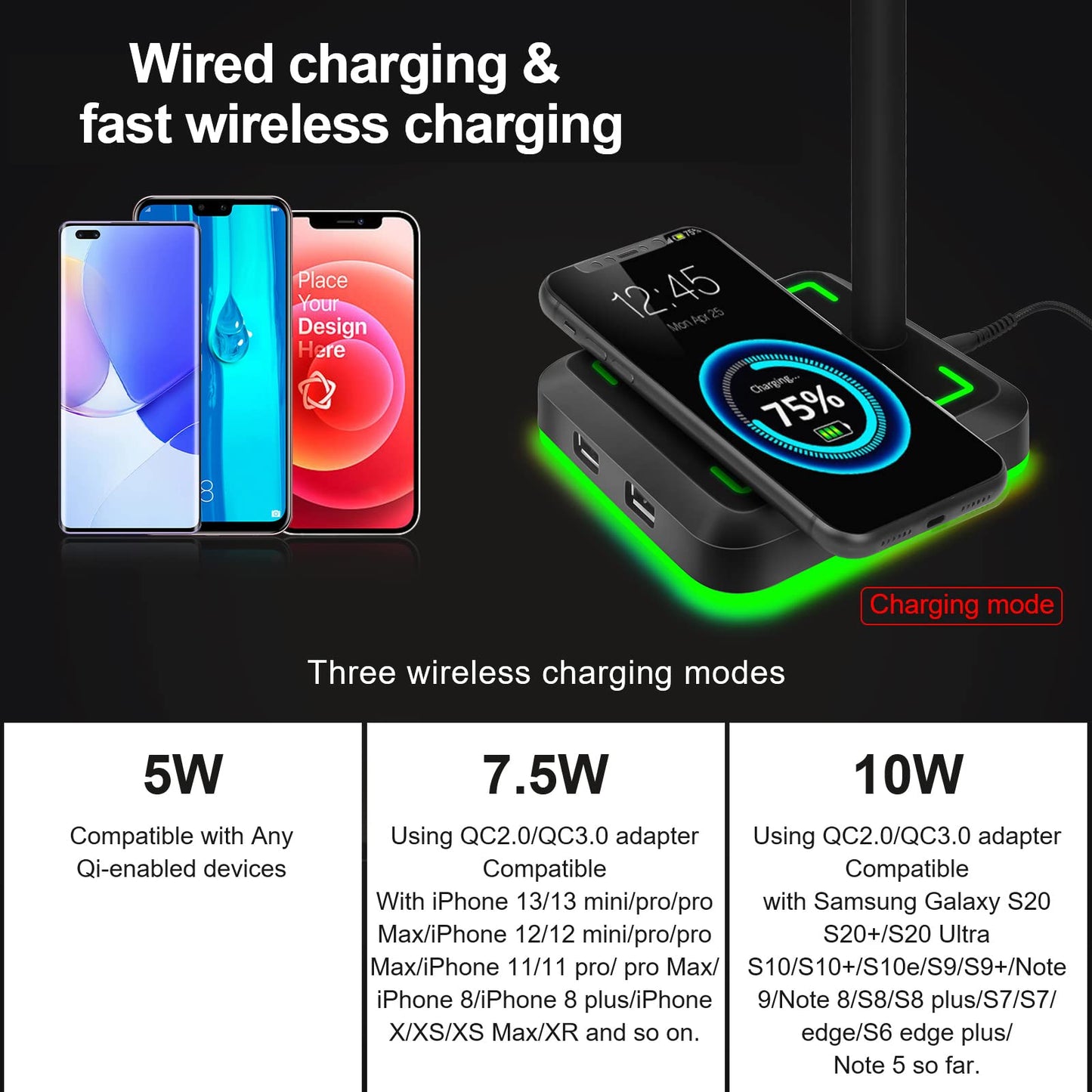 Headphone Stand with Wireless Charger Gaming Headset Holder with 10W/7.5W QI Charging Pad & 2 USB Charger Ports for Desktop PC Game Accessories