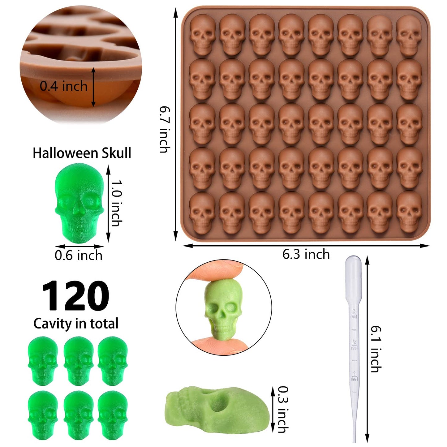 3 Pack Gummy Skull Silicone Candy Molds, Halloween Mini Skull Mold with 3 Droppers Non-stick Candy Molds