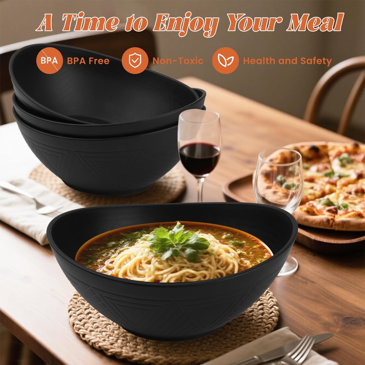 Homienly 9.6 inch Serving Bowls, Large Serving Dishes for Wedding Parties, 60 Oz for Salad, Side Dishes, Pasta, Oval Shape, Microwave & Dishwasher Safe, Set of 4, Black