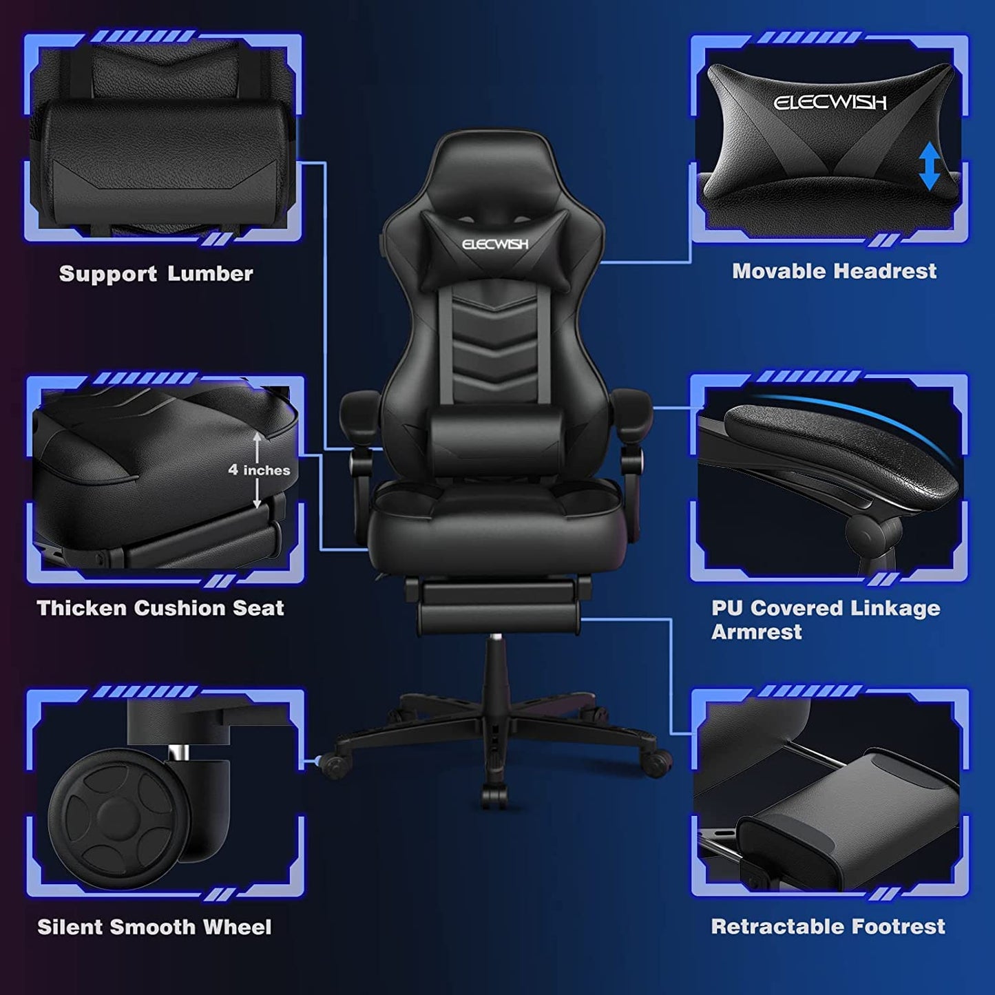 ELECWISH Gaming Chair, Reclining Computer Chair with Footrest and Lumbar Support, High Back Ergonomic for Adults with Headrest PU Leather