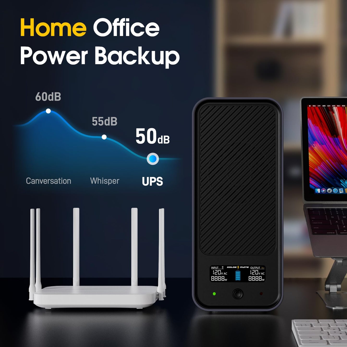 GOLDENMATE 1000VA/600W Lithium UPS Battery Backup & Surge Protector, Backup Battery Power Supply with LiFePO4 Batteries(153.6 Wh), Sinewave UPS System, 10 Years Lifespan, 8 Outlets, LCD Display, Gray