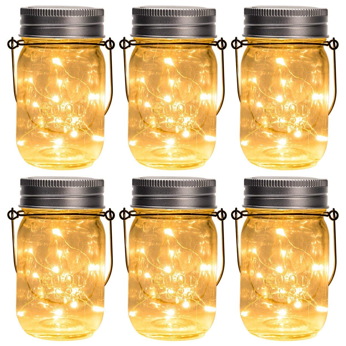 GIGALUMI Hanging Mason Jar Solar Lights, 6 Pack 30 Led Hanging Solar Lanterns Outdoor Waterproof, Hangers and Jars Included, Outdoor Decor for Balcony, Garden, Patio, Yard, Wedding
